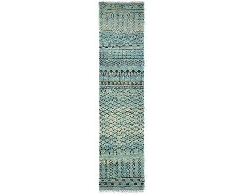 10 Feet Moroccan Blue Hand Woven Wool Runner Rug